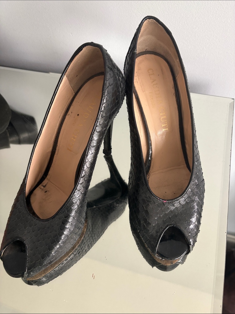 Black Peep-Toe Textured High Heels by Claudia Ciuti